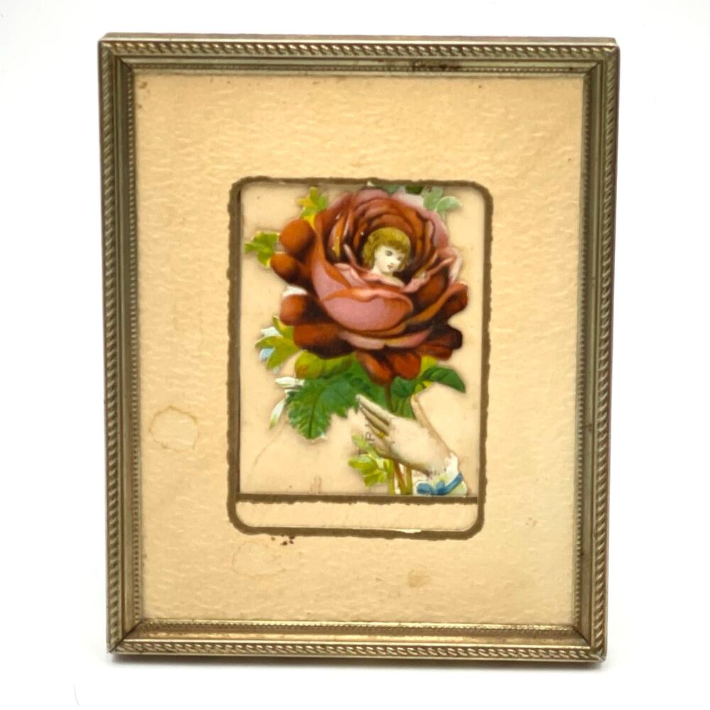 Antique Die Cut Child Inside Red Rose with Frame 2.5"
